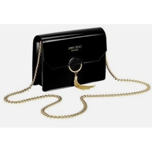 👜Black Jimmy Choo Parfums over the shoulder purse with gold chain strap!